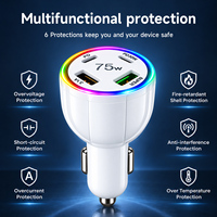 Chargeur de voiture 75W GaN Tech PD3.0 PPS à quatre ports Type-A Type-C avec OVP OTP OCP et lumière RGB pour téléphone et ordinateur portable