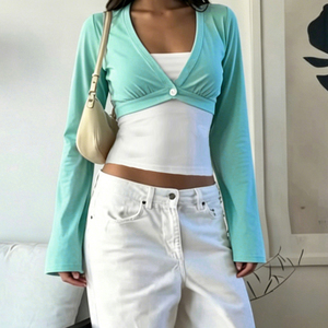 Camiseta Casual de Modal para Mujer al por Mayor, Estilo Y2K, de Manga Larga con Capas, Cuello en V, Manga Campana, Ajuste Delgado - Product Image 2