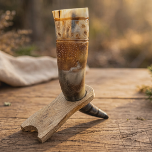 Corne à boire viking écologique polie, thème animalier, avec bordure en laiton européen et support en fer, qualité supérieure, authentique, pour vin et hydromel médiéval - Product Image 1