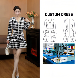 Robe en tweed <span class=keywords><strong>Mu</strong></span> Xia Zhi Hua 6508, style preppy, color block, col en V, taille cintré<span class=keywords><strong>e</strong></span> - Product Image 1