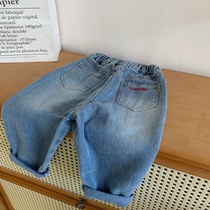 Pantalons en denim de coton pour enfants avec bordure à volants et décorations en nœuds, style jambe large pour filles et garçons, couleurs assorties - Product Image 5