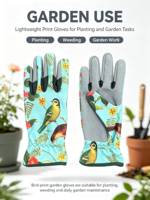Sarung Tangan Berkebun Motif Bunga Burung untuk Wanita, Pelindung Duri di Telapak Tangan dari Suede Abu-abu, Sarung Tangan Kerja Bernapas untuk Menanam dan Memangkas di Kebun