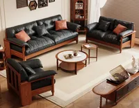 Canapé vintage français en bois massif et cuir, canapé de luxe de style mid-century pour salon, canapé en similicuir personnalisé pour la maison, l'hôtel ou le salon