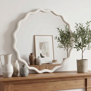 White 24 Inch Wavy Round Solid Wood Frame Decorative <b>Mirror</b> For Bedroom Bathroom Living Room Entryway - Product Image 1