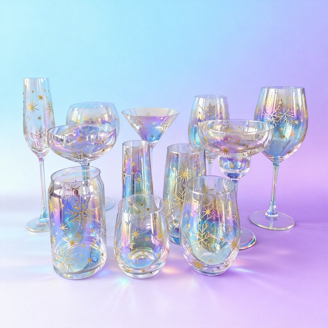 Ion Plated Iridescent Wine Glasses Celestial Cosmic Gold Starburst Sticker Champagne Flute Tumbler Glassware Set