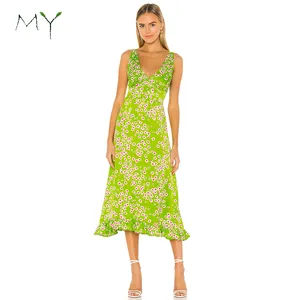 New Dress Design Apple Green Floral Print Sleeveless Satin Midi Sun Dress