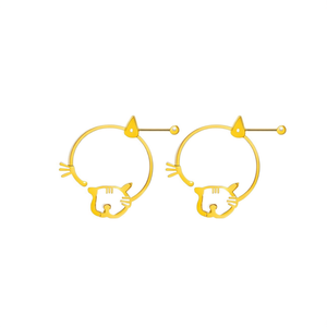 <b>Cat</b> Face Hoop <b>Earrings</b> Gold Plated 316L Stainless Steel Sustainable Resistant Fashion Jewelry - Product Image 2