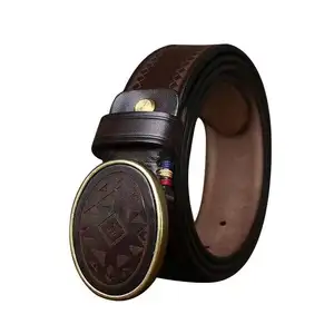 Retro laser engraving pattern trend 100 smooth buckle belt plate buckle leather head layer pure cowhide belt for men