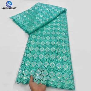 Tissu en dentelle guipure africaine Sinya avec sequins, broderie de haute qualité, 5 yards, tissu en dentelle <span class=keywords><strong>soluble</strong></span> dans l'eau de luxe pour robe femme - Product Image 6