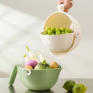 Panier de lavage de légumes et de riz en plastique double couche, passoire à fruits rotative, égouttoir de cuisine avec support de rangement pour usage domestique - Product Image 1