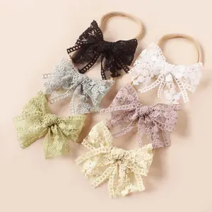 Newborn Infant Girls Soft Headband Elastic Nylon with Lace Bow Knot Cotton Lace Hair Bands for Baby Headbands