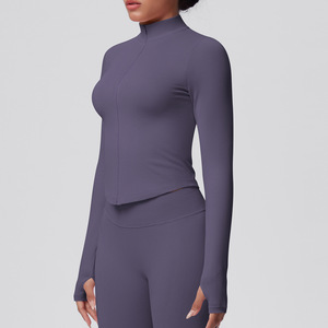 Custom Stand-up Collar Knitted Zipper Long Sleeves Yoga Jacket Women's Quick Dry Yoga <strong>Clothes</strong> Running Workout Sports Jacket - Product Image 3