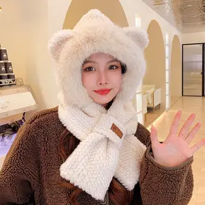 Cute Bear hat scarf winter cycling warm windproof ear protection gloves plush hat beanie cap wholesale