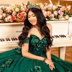 Vestidos De Quinceañera <span class=keywords><strong>Verde</strong></span> <span class=keywords><strong>Esmeralda</strong></span> con Purpurina y Flores 3D para <span class=keywords><strong>Fiesta</strong></span> de 15 Años, Baile Formal, Dulces 16 y Jóvenes MQ621 - Product Image 2