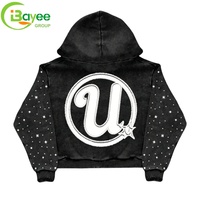 Sweat à capuche pour homme en coton épais, style streetwear rétro, avec broderie appliquée et strass thermocollants, motif personnalisé avec fermeture éclair