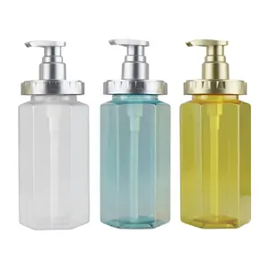 Boş vücut losyonu şişeleri şampuan duş jeli dağıtıcı el yıkama sıvısı şişesi altıgen 500ml PET plastik losyon pompa şişesi