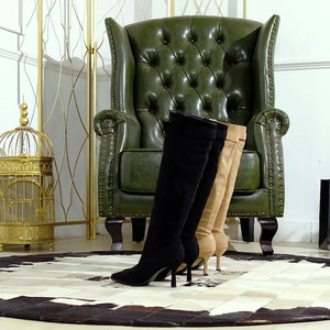 Xuanhui nuevo invierno cálido cinturón hebilla arrugas elegante punta 8cm Kenn muslo alto tacón alto botas largas para damas - Product Image 5