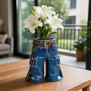 Vase <span class=keywords><strong>en</strong></span> céramique de luxe, fait main, <span class=keywords><strong>en</strong></span> forme de jean <span class=keywords><strong>bleu</strong></span>, pour décoration intérieure personnalisée, centre de table de salon, <span class=keywords><strong>pot</strong></span> de fleurs moderne, finition vernie - Product Image 1