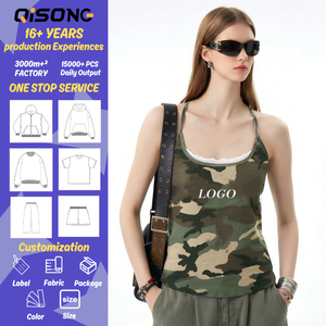 Maßgeschneiderte Tanktop-Bekleidung Kundenspezifische Fertigungsfabrik Grün Camouflage-Druck Damen Spitzenbesatz Neckholder Sommer Streetwear <span class=keywords><strong>Weste</strong></span> - Product Image 1