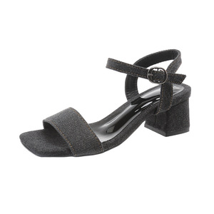 Sandales à talon épais et bout carré en jean pour femme, nouvelle collection été, avec boucle, décontractées et tendance - Product Image 5