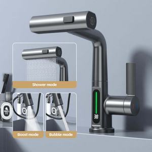 Robinet de lavabo moderne à un trou avec affichage de la température LED, cascade, montage sur pont, rotatif, pulvérisateur extractible, céramique - Product Image 3