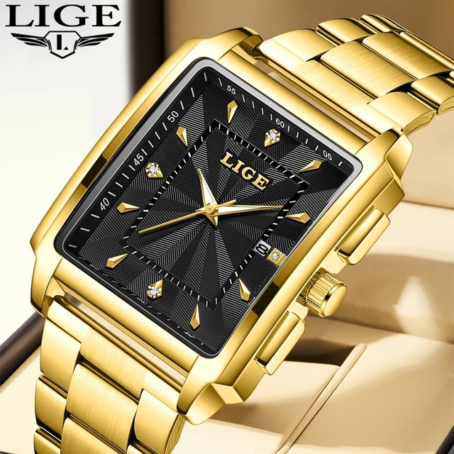 LIGE LG89121 Wholesale Price Gold Square Watch for Men Quartz Classics Stainless Steel Waterproof Vintage Date Wristwatch + Box