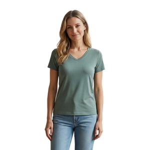 T-shirt personnalisé avec logo, col en V, prix bas, pour femme, TKAN1033D, été, doux, respirant, 100% coton, coupe ajustée, manches courtes - Product Image 1