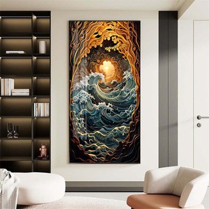 Art mural en carreaux de cristal style Ukiyo-e japonais - Coucher de soleil doré sur les vagues - Décoration murale océanique style Kanagawa - <span class=keywords><strong>Peinture</strong></span> sur cristal pour <span class=keywords><strong>la</strong></span> maison - Product Image 1