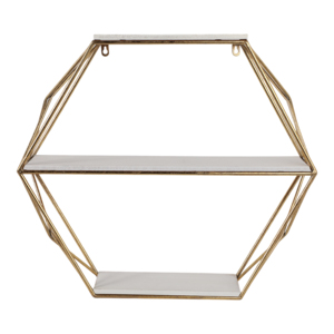 Mensola esagonale moderna da parete con struttura in legno e metallo per soggiorno, organizer da appendere contemporaneo per l'arredamento della casa - Product Image 1