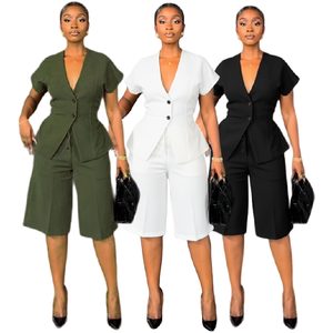 S11219 Completo Estivo da <span class=keywords><strong>Donna</strong></span>: <span class=keywords><strong>Blazer</strong></span> Slim con Fiocco a Maniche Corte e Pantaloni al Ginocchio, Set Due Pezzi per Ufficio - Product Image 1