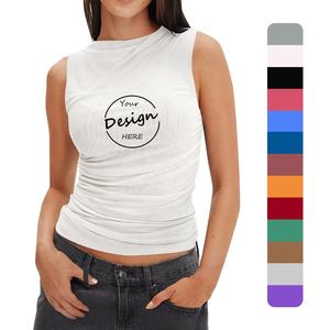 Women's Summer New Arrival Irregular Pleated Casual Tank <b>Top</b> Custom Blank Elastic Solid Color <b>Sleeveless</b> Streetwear Tank <b>Top</b> - Product Image 1