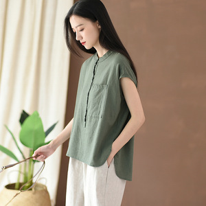 <span class=keywords><strong>2023</strong></span> été coton chanvre femmes nouveau littéraire ample col montant haut en lin femmes à manches courtes t-shirts T-shirt - Product Image 2
