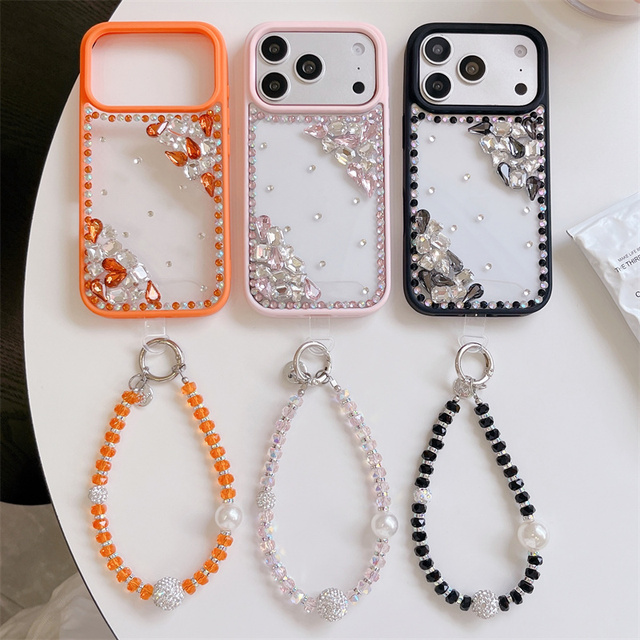 Handmade Bling Rhinestone Phone Case With Beaded Wrist Strap for iPhone 17 16 15 14 13 Crystal Diamond Clear Protective Cover
