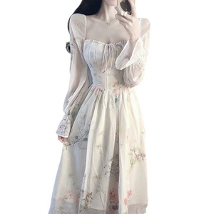 Simani Floral Chiffon Tea Party Dress Square Neck Long Sleeve A-Line Empire Waistline Women's Cocktail Dress - Product Image 5
