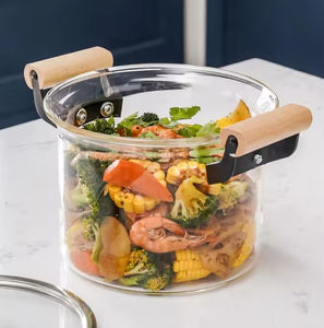 Venta al por mayor de fábrica: Juego de ollas y sartenes modernas de vidrio de borosilicato de 5.5L/4.5L, con mango de madera, aptas para horno y cocina. - Product Image 3