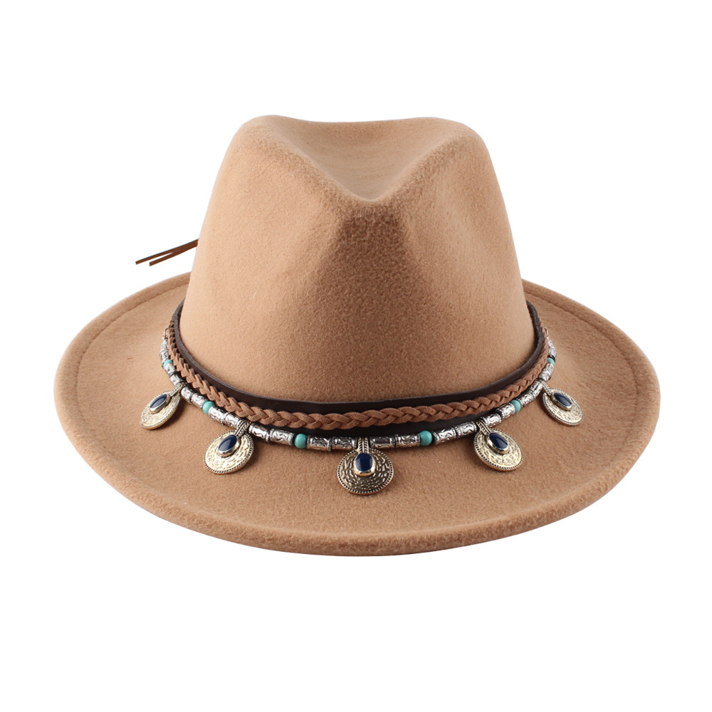 Шляпа в винтажном стиле для мужчин, фетровая Федора с широкими полями, с бусинами и цепочкой, модный аксессуар