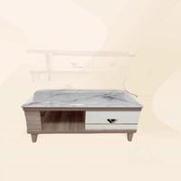 Table basse moderne en panneaux de pierre et cadre en bois, meuble de salon multifonctionnel avec rangement, table à thé et meuble TV combinés, style moderne