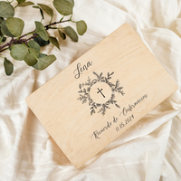 Boîte à souvenirs personnalisée en bois gravé, rectangulaire, autoportante, pour la première communion, la confirmation, les cérémonies religieuses, écologique