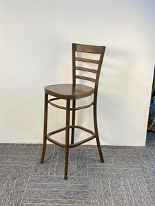 Tabouret de bar en bois à lattes brun foncé avec pieds courbés pour hôtel, bar lounge, comptoir de bar de restaurant occidental - Product Image 6