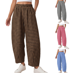 Women Breathable Flat <b>Plaid</b> Barrel <b>Pants</b> High Waist Wide Leg Loose Casual Trousers with Pockets Summer Wear - Product Image 1