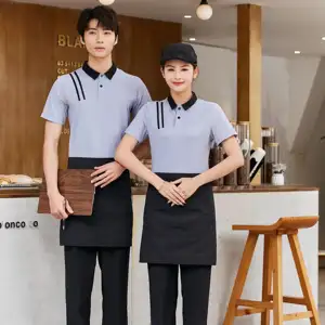 韩国餐厅服务员餐厅制服带标志棉polo衫服务员制服