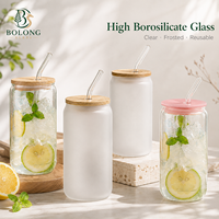 Gobelet en verre borosilicate 500 ml (16,9 oz) avec couvercle en bambou et paille réutilisable, personnalisable avec logo, pour café glacé, esthétique Bolong, vente en gros