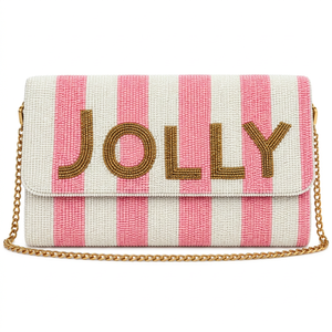 Jolly Beaded Striped Clutch <b>Bag</b> with Chain Strap Flap Closure for Evening Party - Product Image 1