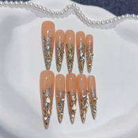 Lot de faux ongles longs à presser, forme Stiletto, gris, nude, rose, base argentée, avec pierres marquise dorées, pour nail art