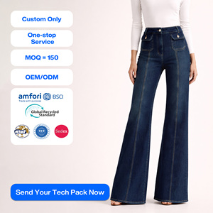 Pantalones Vaqueros de Cintura Alta y Pierna Ancha con Detalle de Costura Frontal, Bolsillos de Parche, Jeans Acampanados, Ropa de Moda Premium, Personalizados OEM - Product Image 1