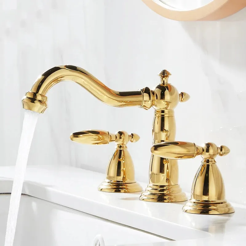 Basin Faucets Polished Gold Brass Made Modern Bathroom Sink Faucet Double Handle 3 Hole Bath Basin Counter Mixer Taps