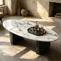 Table basse ovale artisanale en pierre artificielle cannelée, sur mesure, sculptée, style antique, moderne, de luxe, écologique pour hôtel