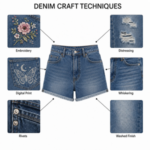 Jorts in denim da donna personalizzati a vita alta, 5 tasche, in puro cotone, strappati, lavaggio azzurro chiaro, con orlo sfrangiato e taglio a trapezio - Product Image 4