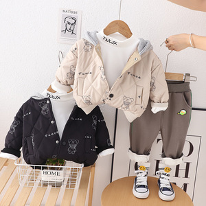 Automne hiver enfants épaissi costume chaud garçons à capuche imprimé ours veste Base chemise pantalon 3 pièces ensemble beaux enfants vêtements - Product Image 1