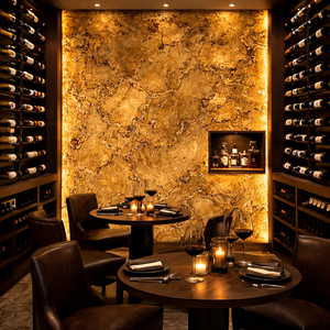 Plaque de marbre en quartzite translucide brun doré, finition naturelle chaleureuse, rétroéclairée, pour décoration intérieure, murs, plafonds, architecture - Product Image 1